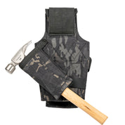Badger Carpenter Tool bag, black camo, back view with hammer in hammer sleeve