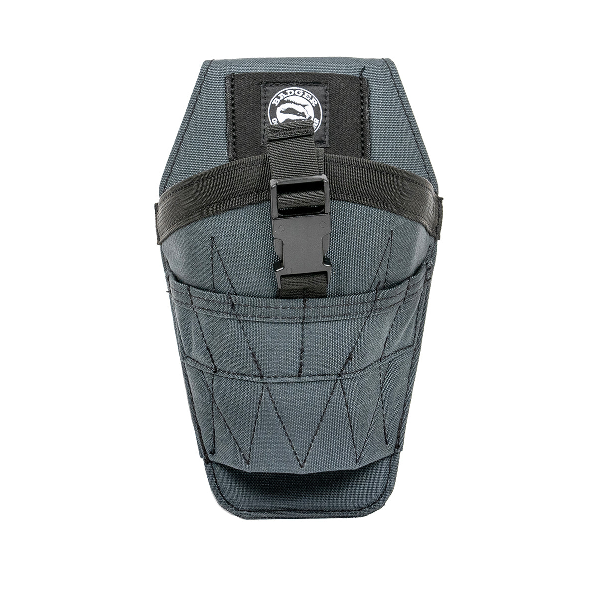 Badger Drill Holster, gunmetal, front buckle closed view