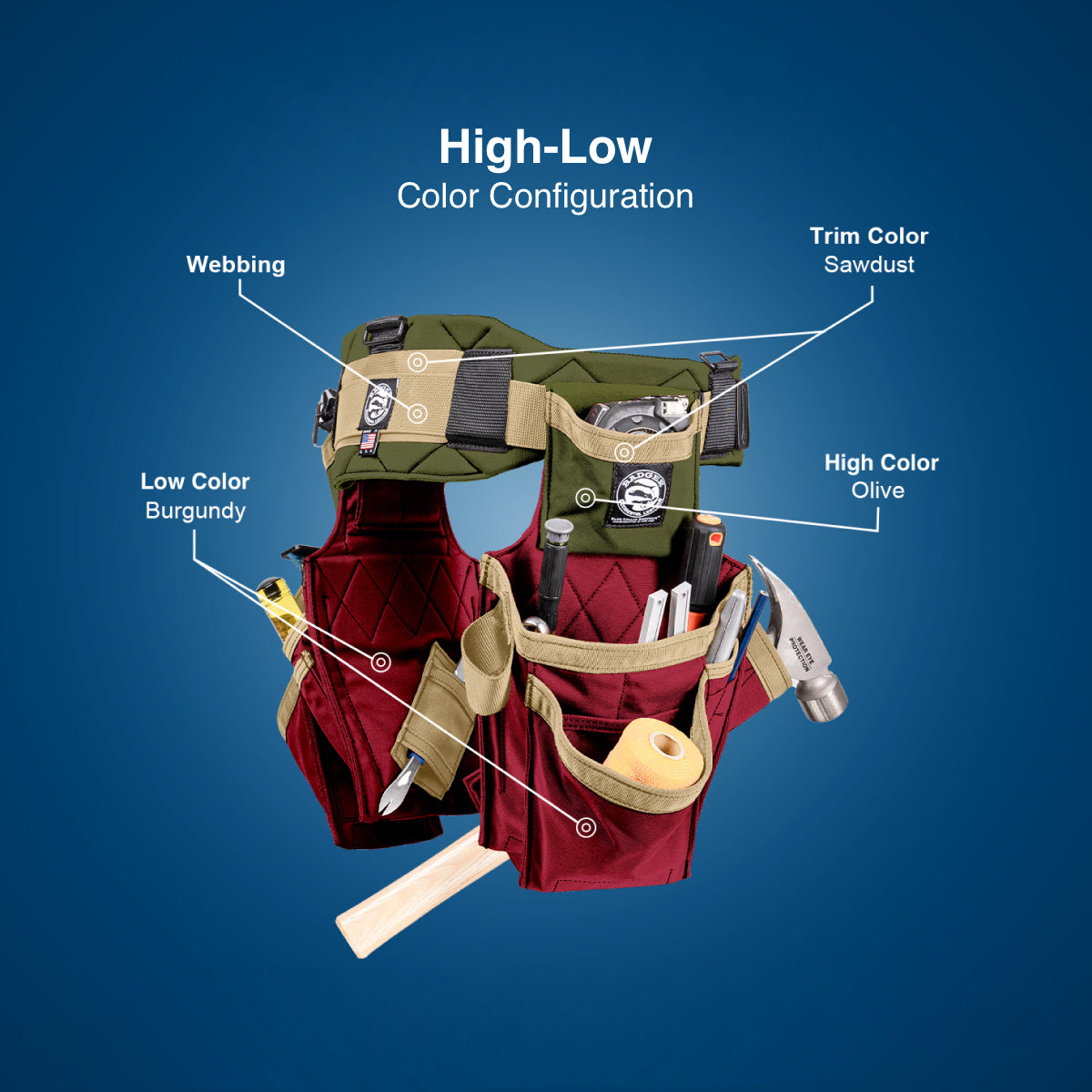 Tool belt with labeled color layout configuration on a blue background