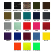 Badger Tool Belts nylon color swatch chart showing available fabric color samples with printed names beneath each swatch, including Black Nylon, Black Multicam, Multicam, Olive Drab, Brown, Sawdust, Sage, Turquoise, Navy Blue, Gunmetal, Silver, Mint, Orange, Pink, Red, Purple, Royal Blue, Burgundy, Coastal Blue, Yellow, Hi Vis Orange, Hi Vis Yellow, and Hi Vis Green.
